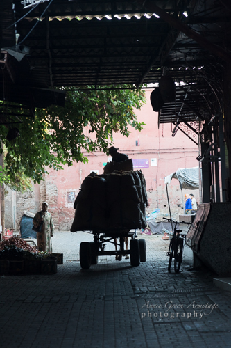 Mule and old man with load of sacks on a trailer making their way through the souks of the Medina (old walled city), Marrakech. The streets are too narrow for cars and vans so goods are often transported in this time-honoured way.